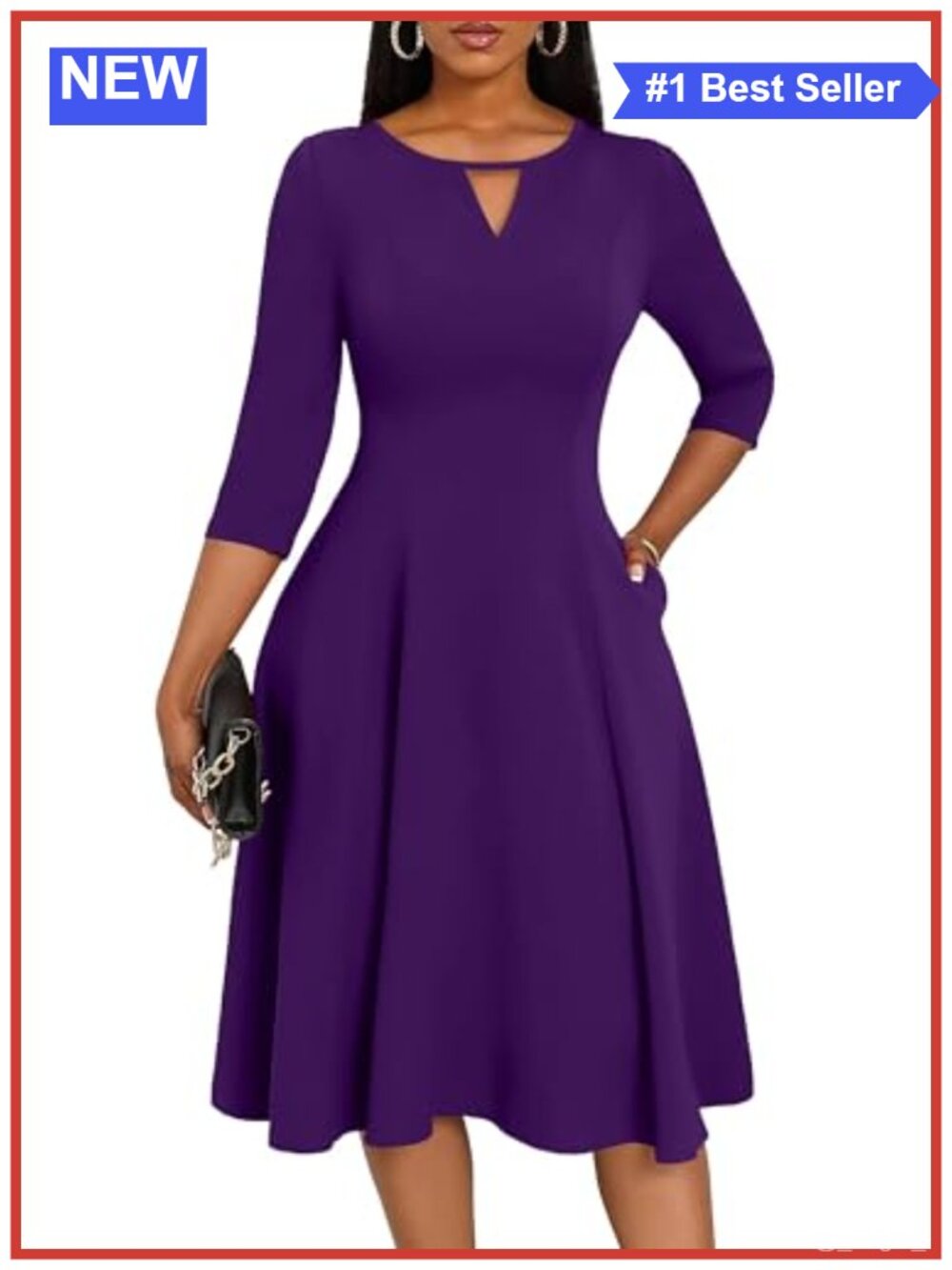 Women's Keyhole Midi Dress 3/4 Sleeve A-Line Fit & Flare with Pockets